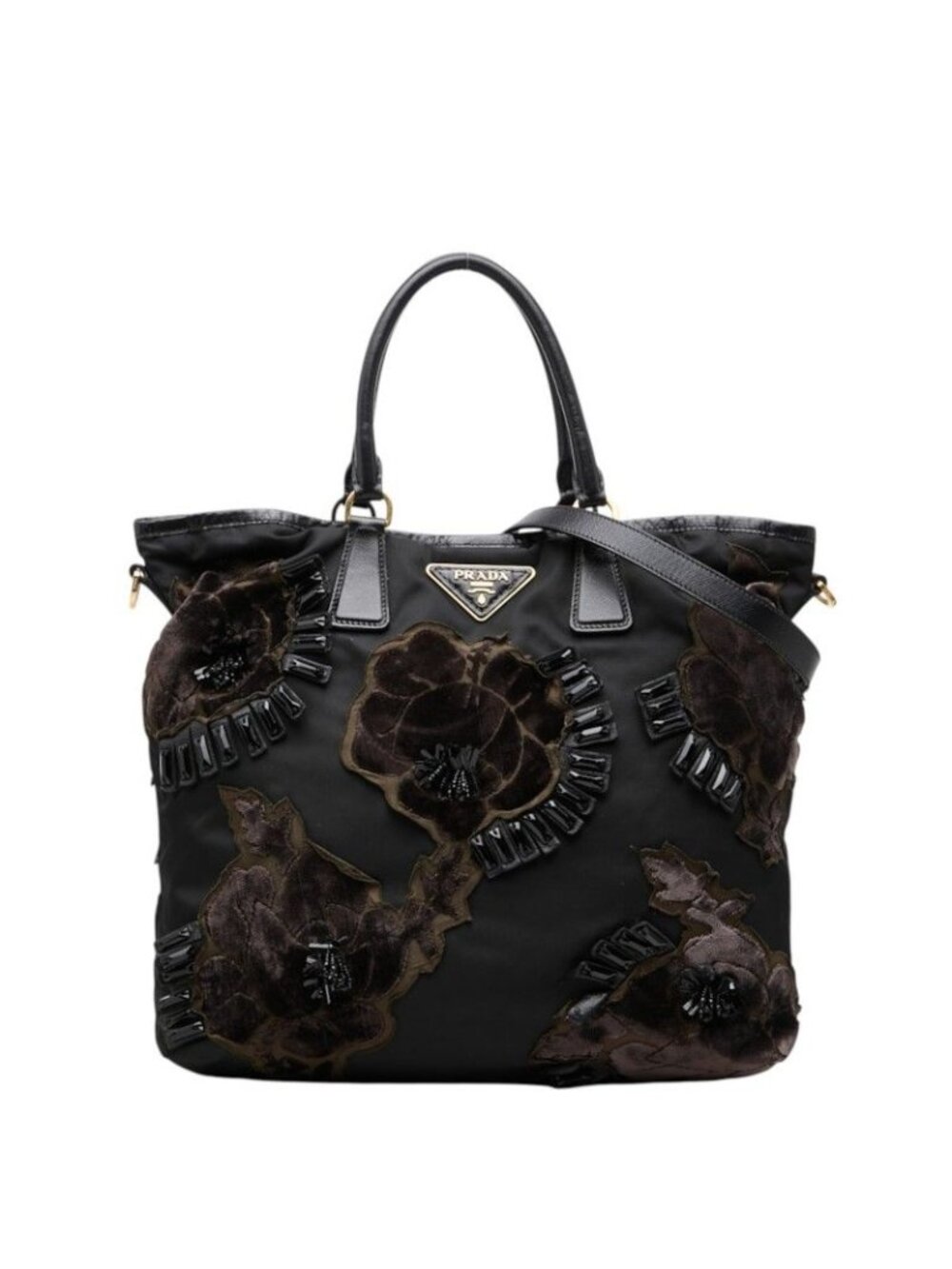 Prada Beads Flower Tote 2-Way Shoulder Bag Black Nylon